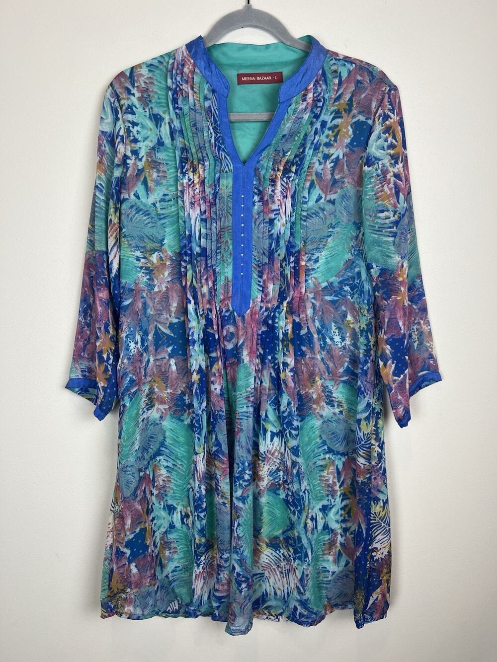 MEENA BAZAAR Beaded V Neck Mini Dress Long Sleeves Green Blue Pink Sz L